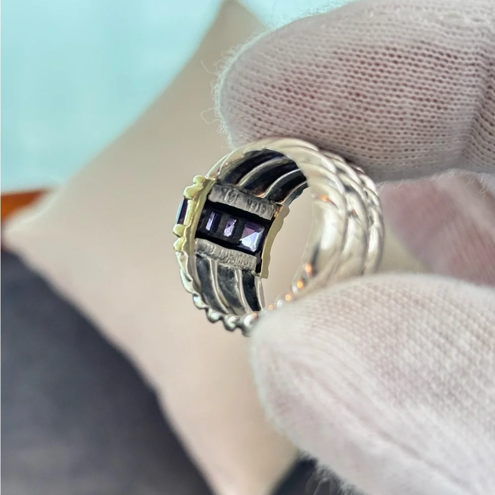 David Yurman 925 & 14k Gold Triple Cable Ring with Amethyst 5.5